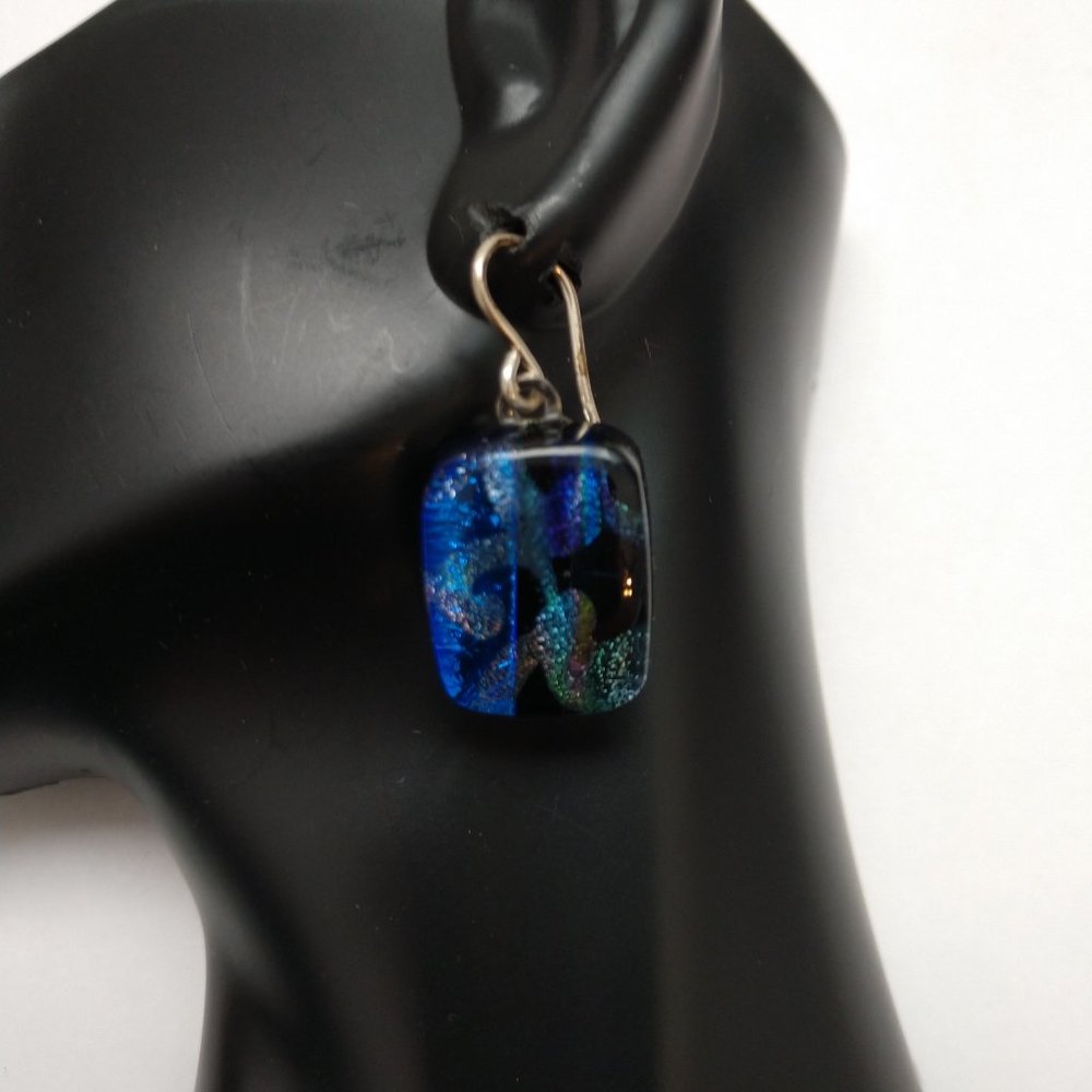 Hand Made Blue and Black Dangle Earrings With Dichroic Square Glass Beads